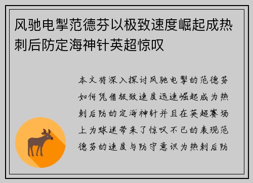 风驰电掣范德芬以极致速度崛起成热刺后防定海神针英超惊叹 风驰电掣范德芬以极致速度崛起成热刺后防定海神针英超惊叹