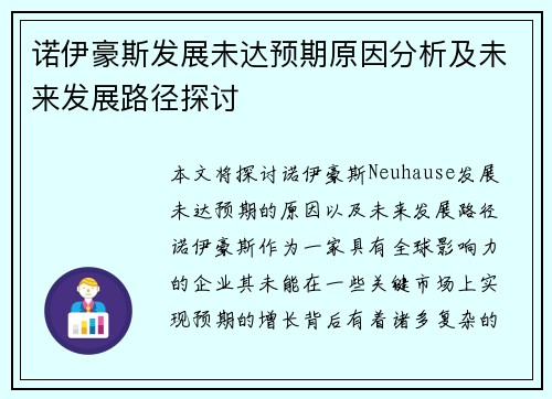 诺伊豪斯发展未达预期原因分析及未来发展路径探讨