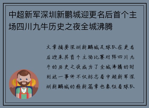 中超新军深圳新鹏城迎更名后首个主场四川九牛历史之夜全城沸腾